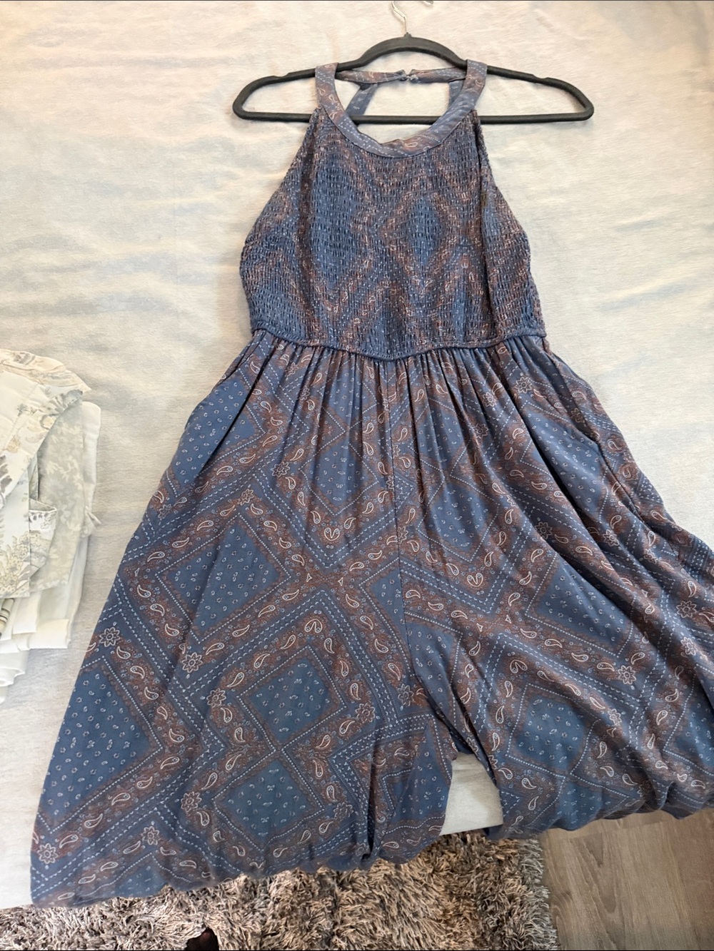 Sleeveless Blue Paisley Halter jumper. With pockets